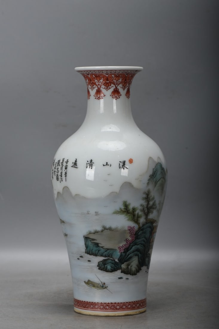 A Exquisite Famille-Rose Landscape Pattern Vase: A Exquisite Famille-Rose Landscape Pattern Vase,Republic of China,With Mark,Size:9.8inx2.8inx4.7in 粉彩山水纹瓶,民国,带款