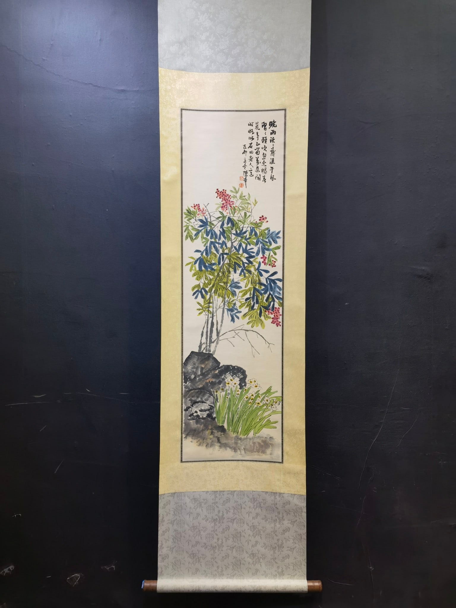 A Chinese Vertical Scroll Ink Painting of Flowers on Paper: A Chinese Vertical Scroll Ink Painting of Flowers on Paper,Modern Period of China,Chen Banding,without frame size:13.4inx46.3in 一幅中国水墨纸本花