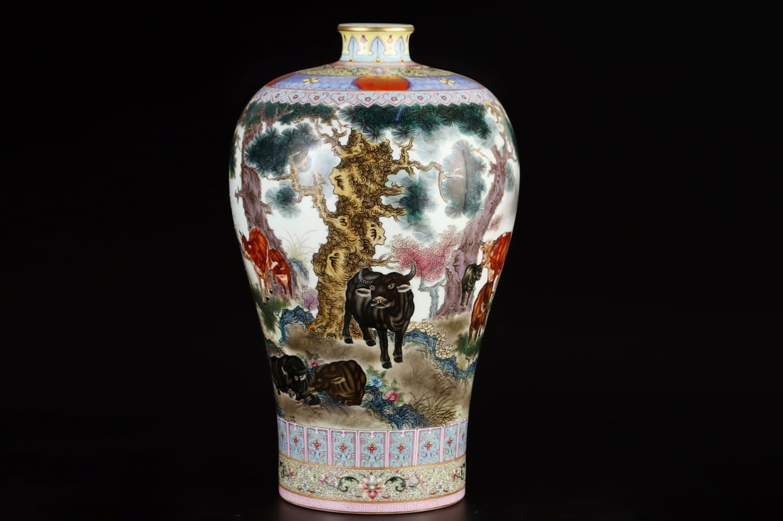 A Exquisite Enamel Buffalo Pattern Vase: A Exquisite Enamel Buffalo Pattern Vase,Qing Dynasty, China,Yongzheng Six-character Mark,Size:15inx9.4in 珐琅彩牛纹瓶,中国清代,雍Ē
