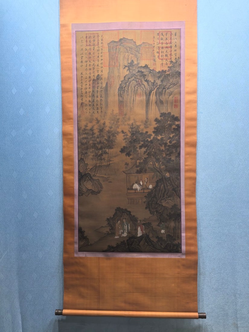 A Chinese Vertical Scroll Ink Painting of Landscape on Silk: A Chinese Vertical Scroll Ink Painting of Landscape on Silk,Song Dynasty, China,Wang Ximeng,without frame size:25.6inx55.1in 一幅中国水墨绢本山