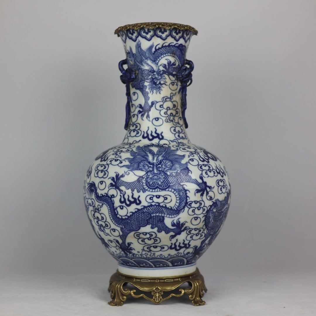 A Exquisite Blue and White Inlaid Copper Dragon Pattern Vase: A Exquisite Blue and White Inlaid Copper Dragon Pattern Vase,Qing Dynasty, China,Kangxi Six-character Mark,Size:18.9inx5.9inx9.8inx7.1in 青花镶铜龙纹瓶,ߑ