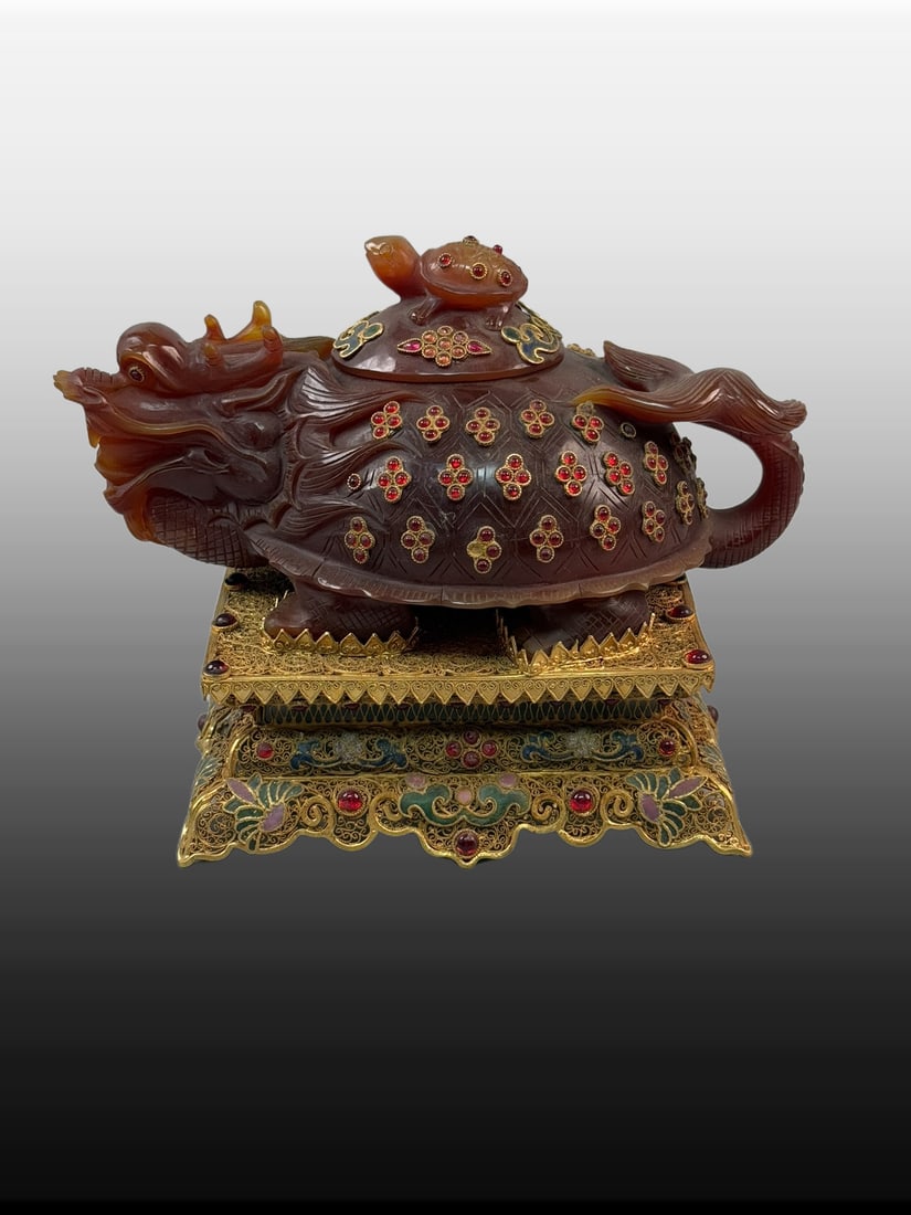 A Exquisite Cloisonné Cover with Gold Inlaid Agate Dragon Turtle Bottle (1 of 12)
