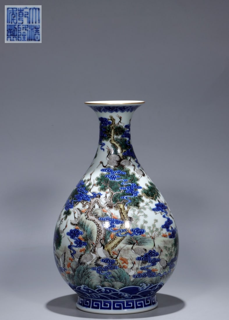 A Exquisite Blue and White Doucai Famille-Rose Pine and Crane Pattern Vase: A Exquisite Blue and White Doucai Famille-Rose Pine and Crane Pattern Vase,Qing Dynasty, China,Qianlong Six-character Mark,Size:12inx3.5inx7.1inx4.8in
