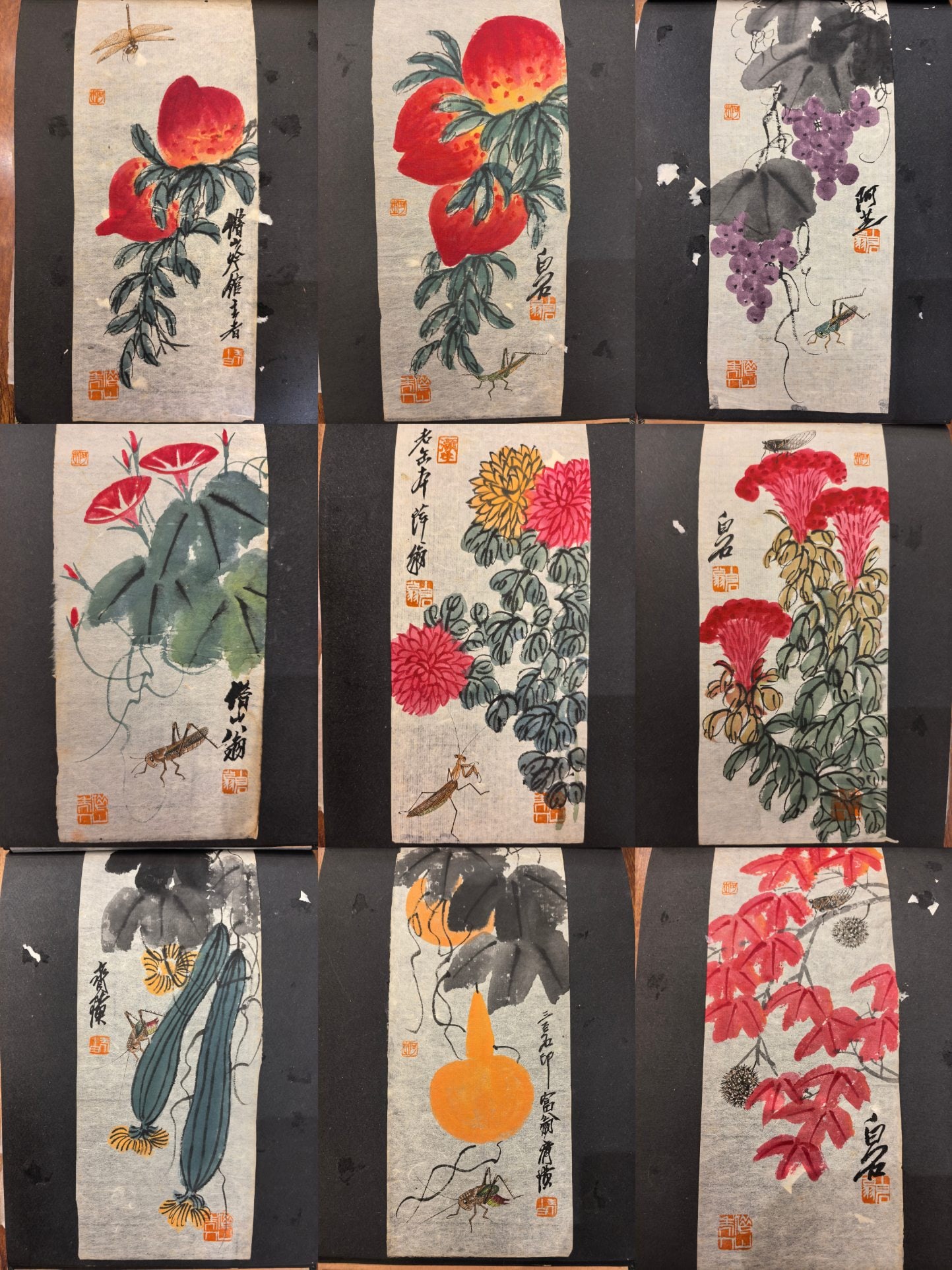 A Set of Chinese Ink Paintings of Grass and Insects on Paper: A Set of Chinese Ink Paintings of Grass and Insects on Paper 一套中国水墨纸本虫草画,近现代,齐白石