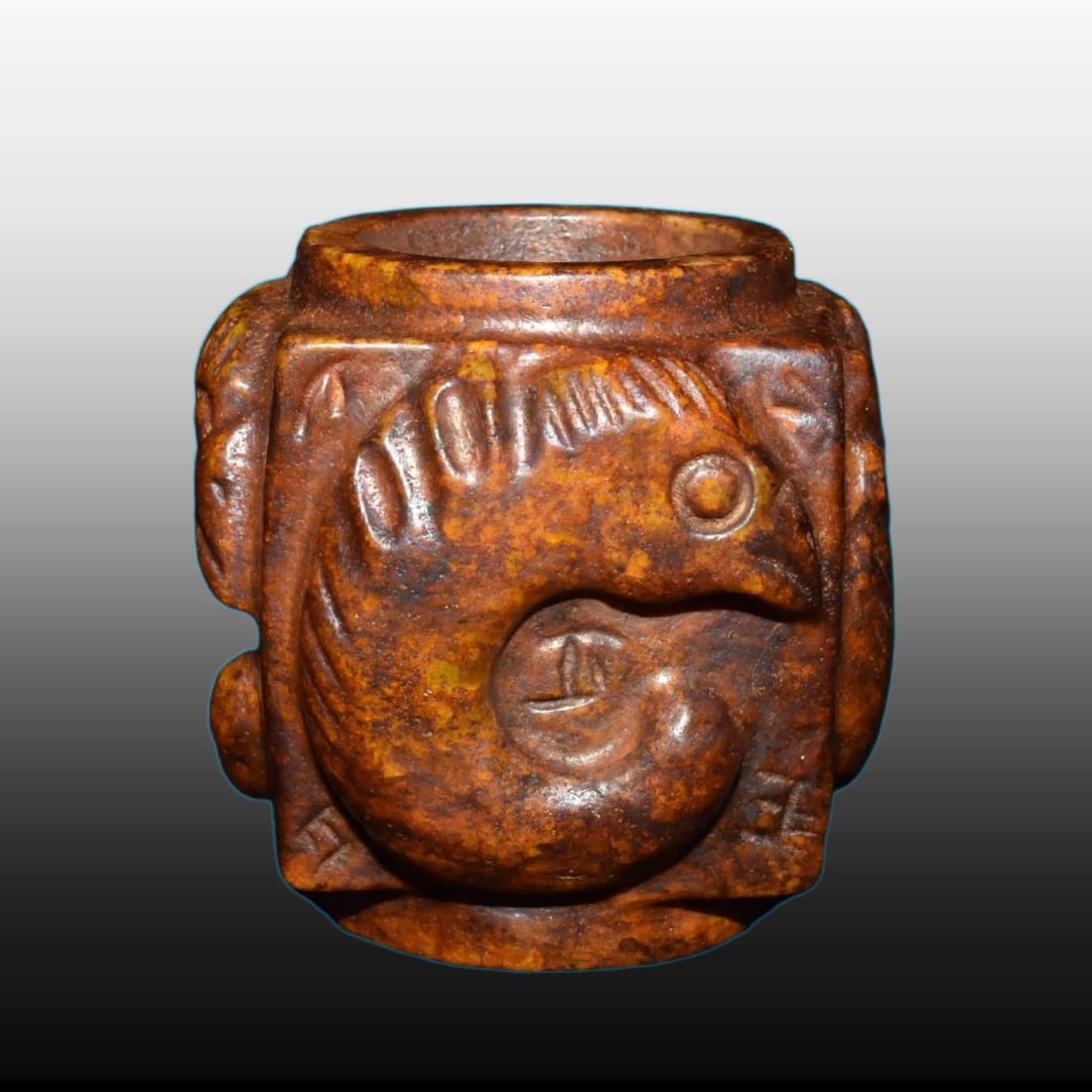 A Exquisite River Polished Jade Handheld Carving: A Exquisite River Polished Jade Handheld Carving,Ancient Time, China,Size:4.9inx5.3in,Weight:2420g 河磨玉手把件,远古时期