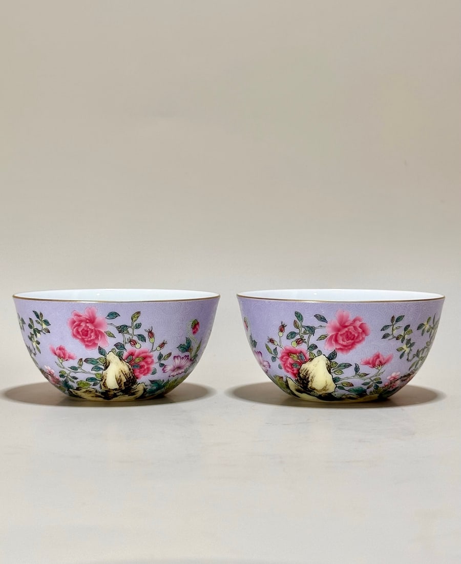 A pair of Exquisite Purple Ground Flower Pattern Cup: A pair of Exquisite Purple Ground Flower Pattern Cup,Qing Dynasty, China,Yongzheng Four-character Mark,Size:1.7inx3.4inx1.5in 一对紫地花卉纹杯,中&