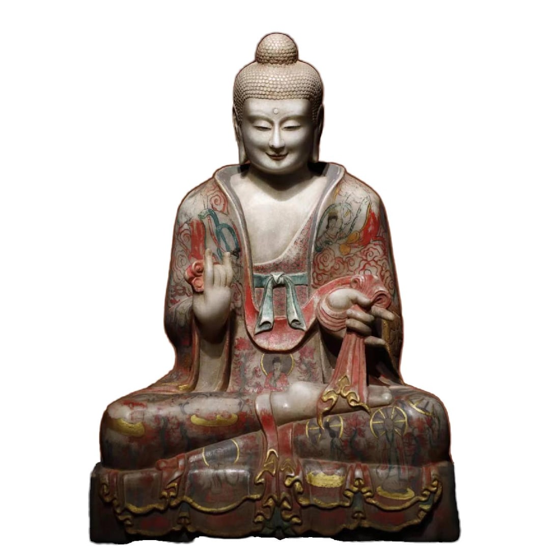 A Exquisite Marble Painted Color Buddha statue Ornament: A Exquisite Marble Painted Color Buddha statue Ornament,Ming Dynasty, China,Size:28.3inx18.5inx15in 汉白玉彩绘佛像摆件,中国明