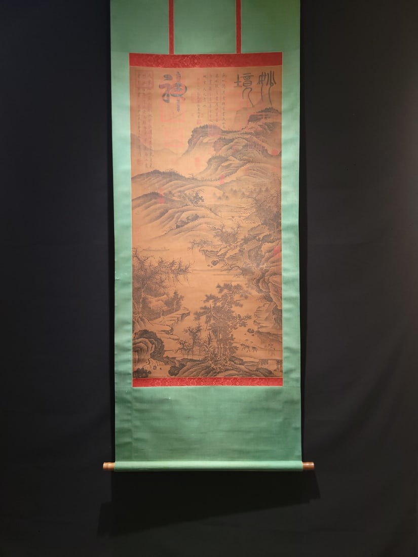 A Chinese Vertical Scroll Ink Painting of Landscape on Silk: A Chinese Vertical Scroll Ink Painting of Landscape on Silk,Tang Dynasty, China,Shangguan Wan'er,without frame size:26.2inx53.9in