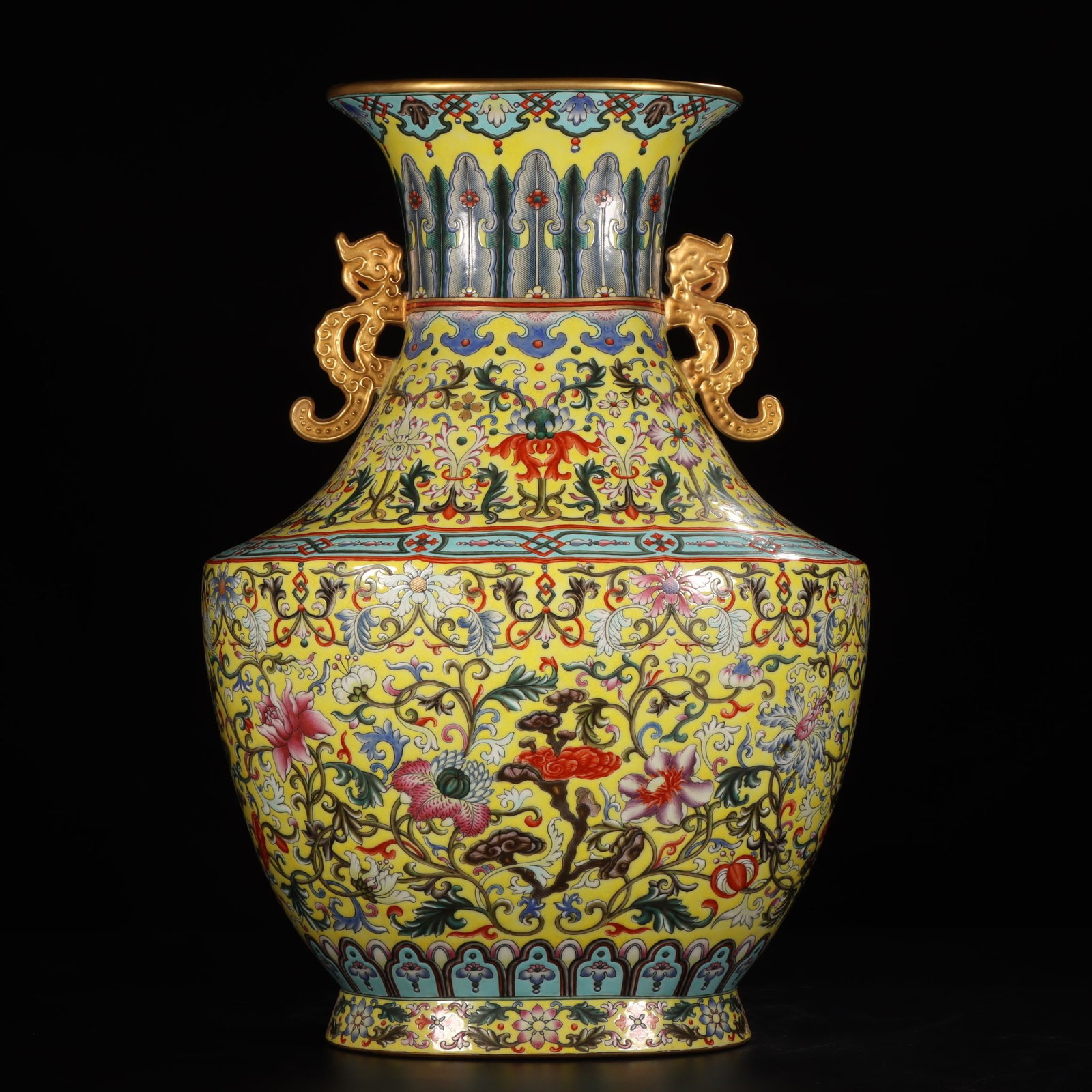 A Exquisite Famille-Rose Yellow Ground Lotus Ganoderma lucidum Pattern Dragon-Ears Vase: A Exquisite Famille-Rose Yellow Ground Lotus Ganoderma lucidum Pattern Dragon-Ears Vase,Qing Dynasty, China,Qianlong Four-character Mark,Size:19.2inx8.4inx8.6in 粉彩黄地缠