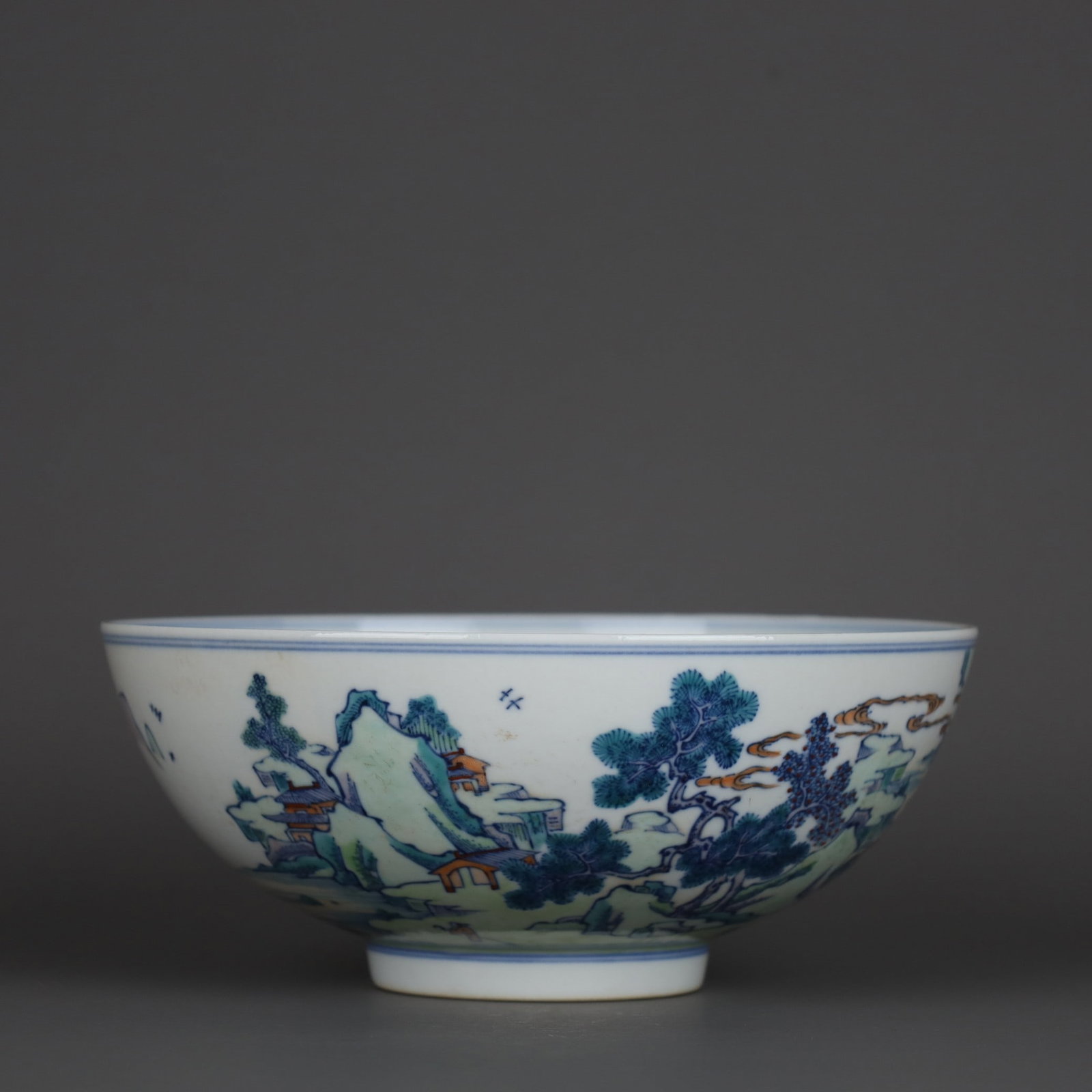 A Exquisite Doucai Landscape and Figures Pattern Bowl: A Exquisite Doucai Landscape and Figures Pattern Bowl,Qing Dynasty, China,Guangxu Six-character Mark,Size:3.3inx8in 斗彩山水人物纹碗,中国