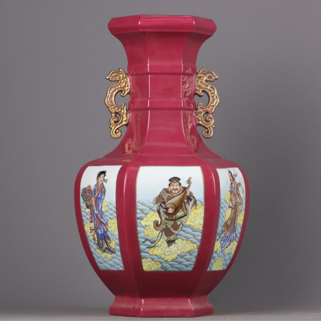 A Exquisite Enamel Character and Story Pattern Double-Ears Vase: A Exquisite Enamel Character and Story Pattern Double-Ears Vase,Qing Dynasty, China,Qianlong Four-character Mark,Size:18.3inx10.6in 珐琅彩人物故事纹
