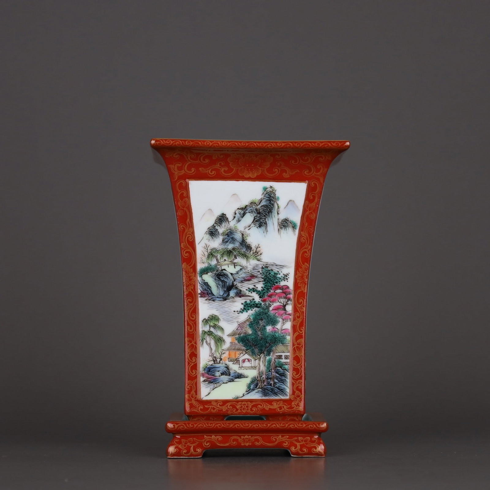 A Exquisite Iron-Red Famille-Rose Painted Gold Landscape Pattern Basin: A Exquisite Iron-Red Famille-Rose Painted Gold Landscape Pattern Basin,Qing Dynasty, China,Qianlong Four-character Mark,Size:6inx3.9inx3.2in 矾红粉彩描金山