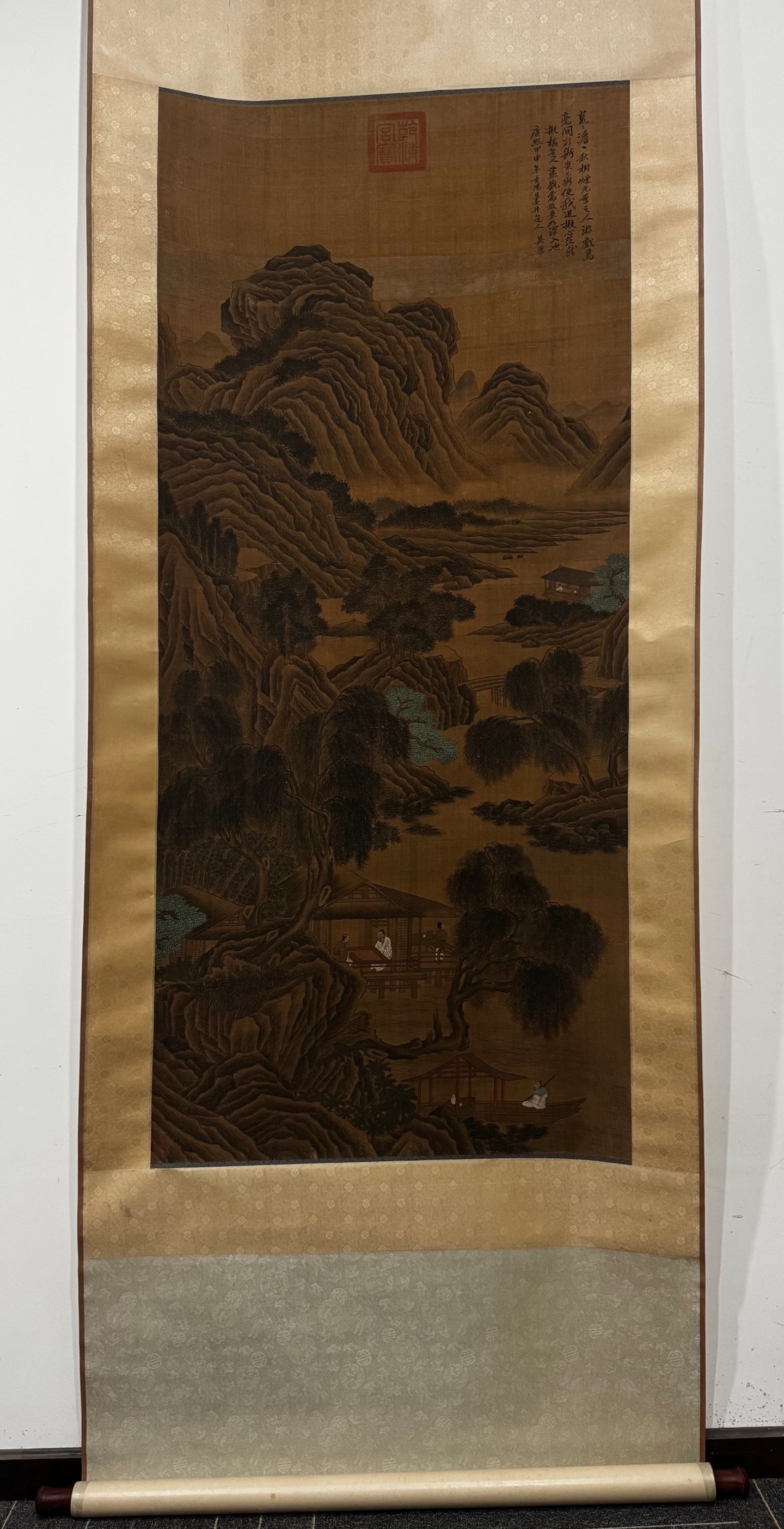 A Chinese Vertical Scroll Ink Painting of Landscape on Silk: A Chinese Vertical Scroll Ink Painting of Landscape on Silk,Qing Dynasty, China,Wu Li,without frame size:58.3inx26.4in 一幅中国水墨绢本山水&