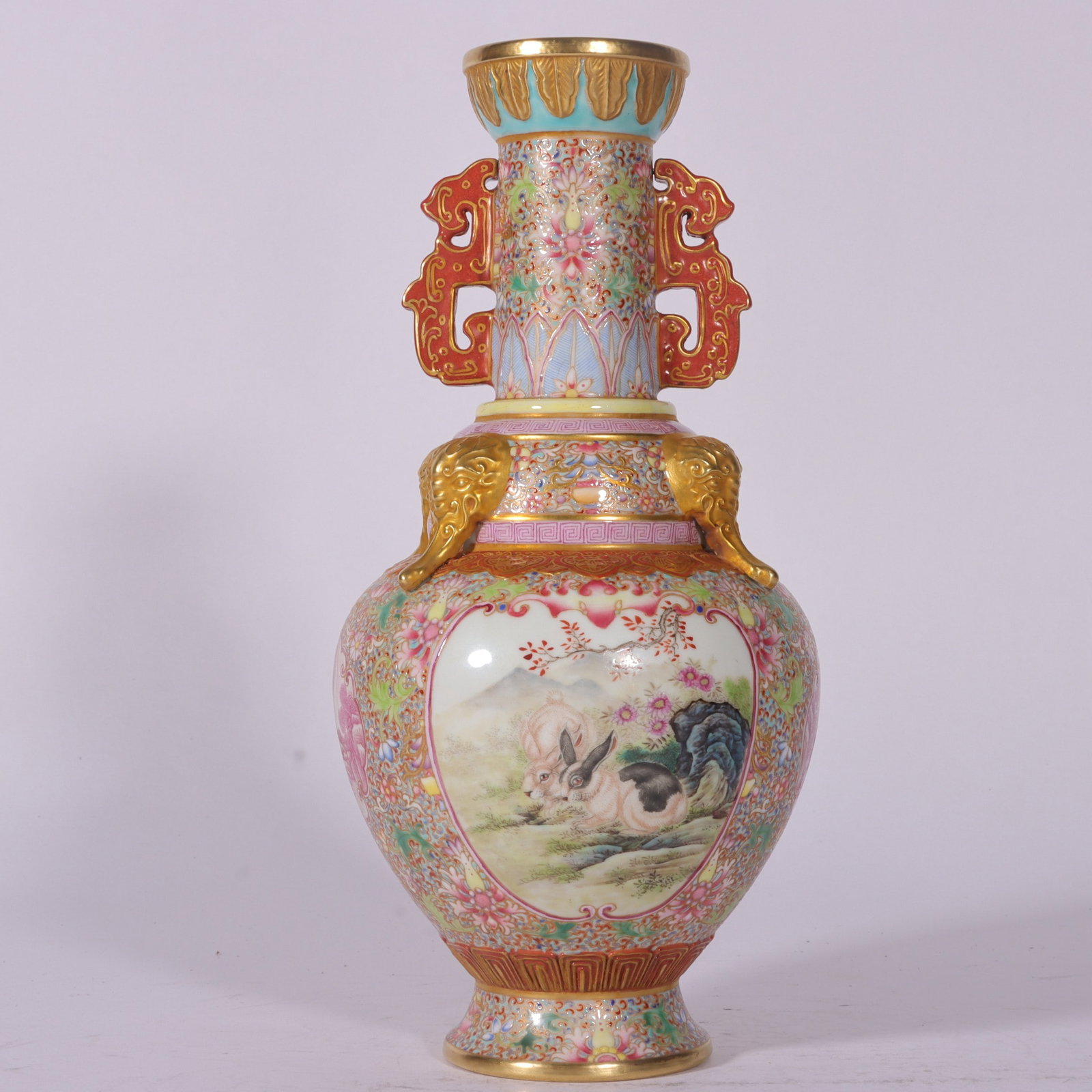 A Exquisite Enamel Cloisonne Rabbit Pattern Double-Ears Vase: A Exquisite Enamel Cloisonne Rabbit Pattern Double-Ears Vase,Qing Dynasty, China,Qianlong Six-character Mark,Size:9inx4.1inx2inx2.3in 珐琅彩掐丝兔纹双&#