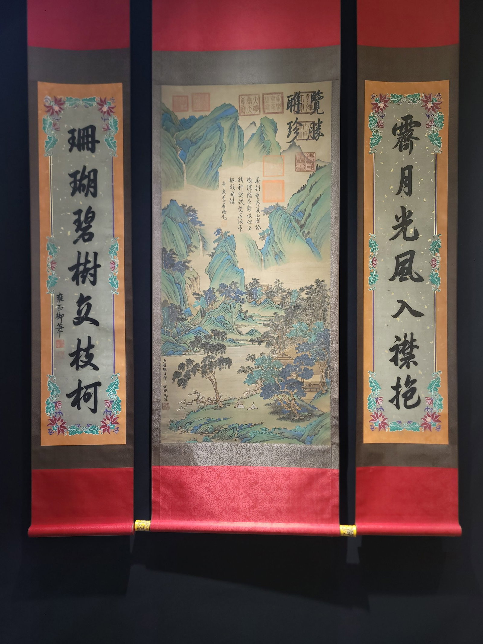 A Set of Chinese Vertical Scroll Ink Paintings of Landscape on Silk: A Set of Chinese Vertical Scroll Ink Paintings of Landscape on Silk,Tang Dynasty, China,Shangguan Wan'er,without frame size:24.8inx52.6in(Main scroll), without frame size:12.2inx52.8in(Couplet) ߌ