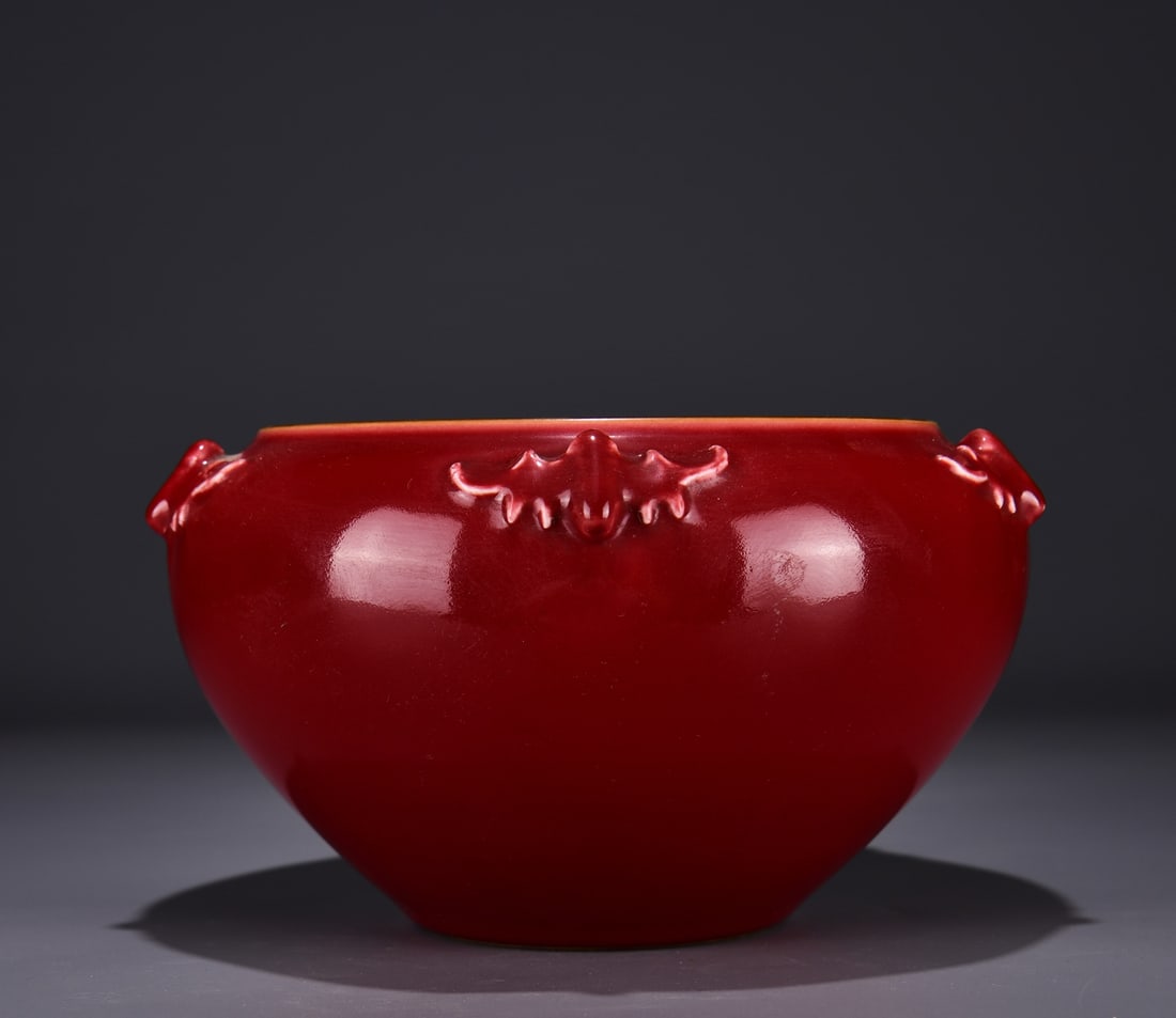 A Exquisite Lang Red Glazed Bat-Ears Brush Washer: A Exquisite Lang Red Glazed Bat-Ears Brush Washer,Qing Dynasty, China,Yongzheng Six-character Mark,Size:5.1inx8.3in 郎红釉蝙蝠耳水洗,中国