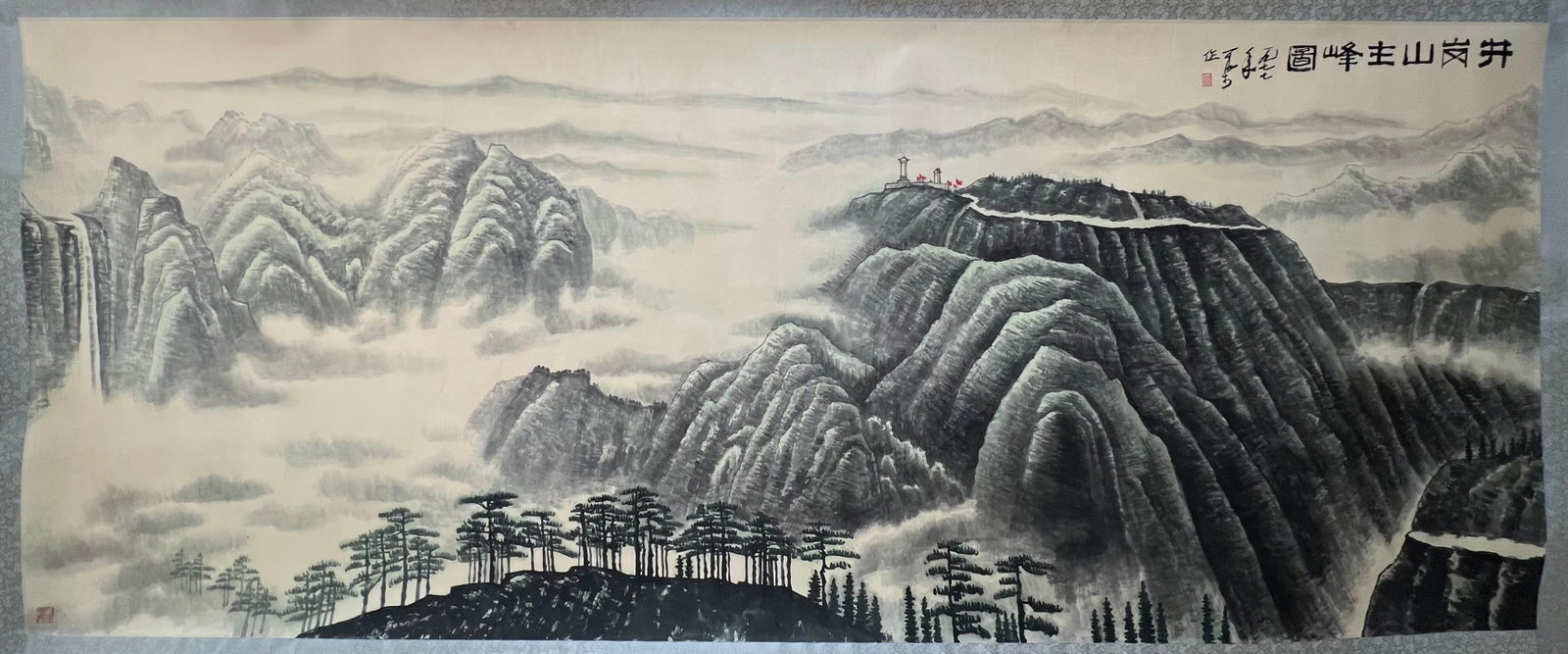 A Chinese Ink Painting of Landscape on Paper: A Chinese Ink Painting of Landscape on Paper,Modern Time of China,Li Keran,without frame size:57.1inx141.7in 一幅中国水墨纸本山水画,&#