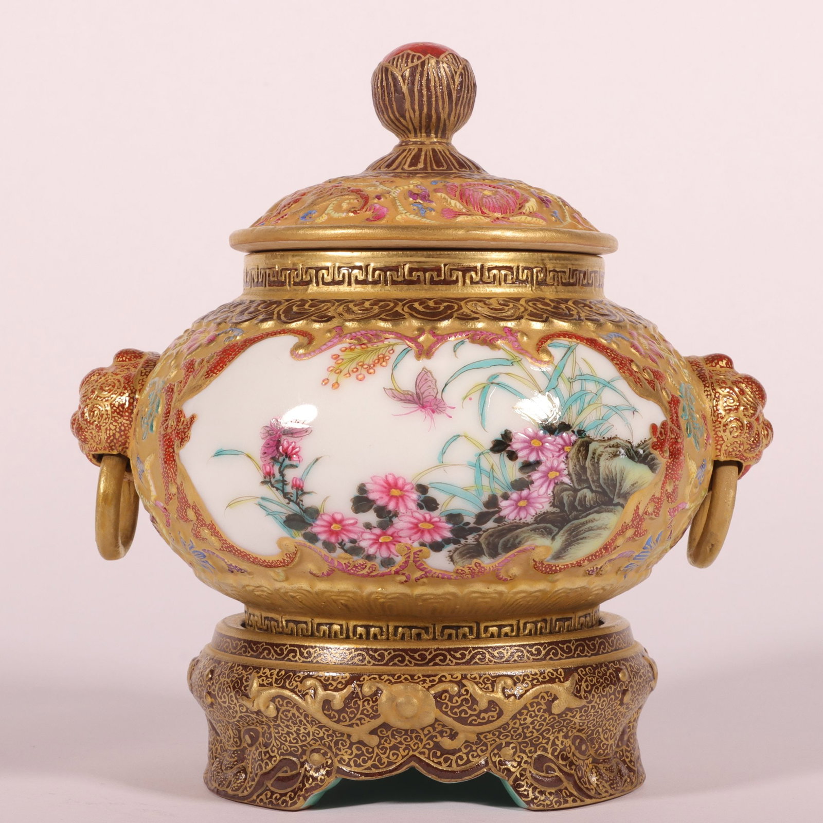 A Exquisite Enamel Gold Ground Flower and Bird Pattern Lion-Ears Censer: A Exquisite Enamel Gold Ground Flower and Bird Pattern Lion-Ears Censer,Qing Dynasty, China,Qianlong Six-character Mark,Size:5.1inx3.9in 珐琅彩金地花鸟纹