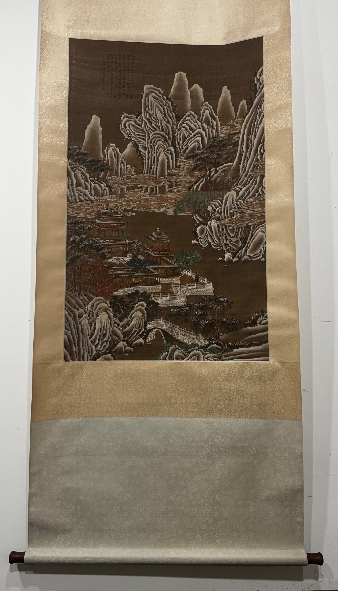 A Chinese Vertical Scroll Ink Painting of Landscape on Silk: A Chinese Vertical Scroll Ink Painting of Landscape on Silk,Qing Dynasty, China,Dong Bangda,without frame size:43.3inx26.4in 一幅中国水墨绢本山