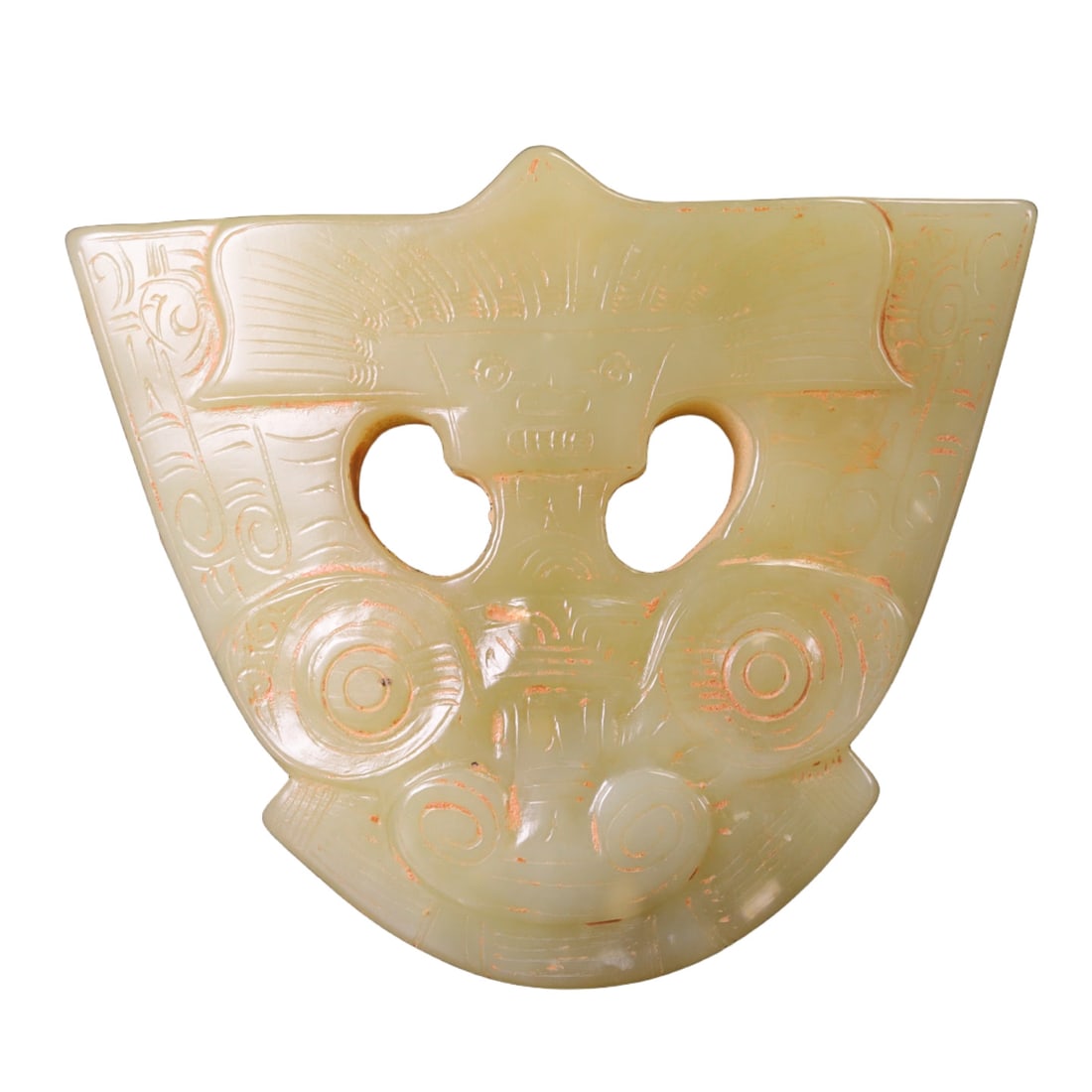 A Exquisite Gaogu Jade Beast-Face Pattern Pendant: A Exquisite Gaogu Jade Beast-Face Pattern Pendant,Ancient Time, China,Size:2.6inx2.2inx0.4in,Weight:43g 高古玉兽面纹挂件,远古时期