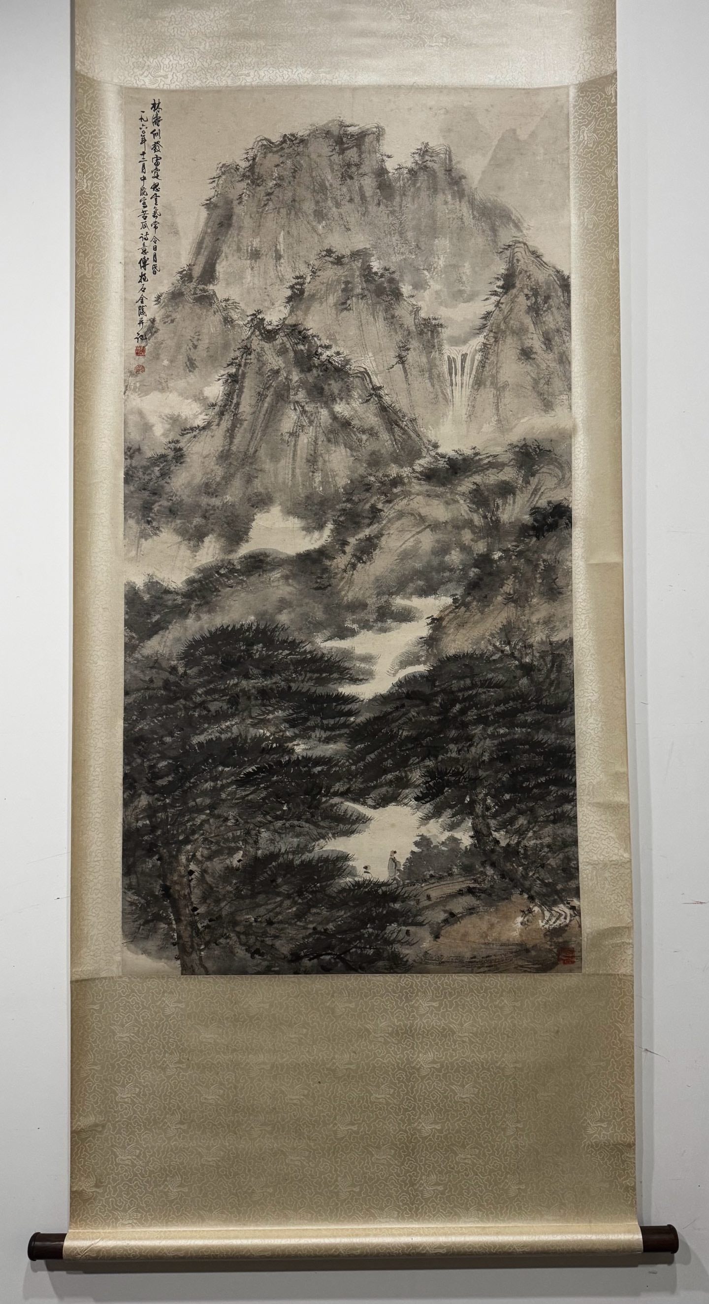 A Chinese Vertical Scroll Ink Painting of Landscape on Paper: A Chinese Vertical Scroll Ink Painting of Landscape on Paper,Modern Time of China,Fu Baoshi,without frame size:54.3inx27.6in 一幅中国水墨纸本山