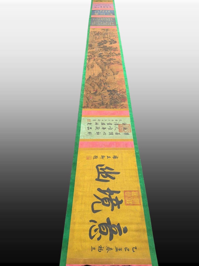 A Chinese Hand Scroll Ink Painting of Landscape on Silk: A Chinese Hand Scroll Ink Painting of Landscape on Silk,Song Dynasty, China,Cai Jing,without frame size:18.2inx85.9in 一幅中国水墨绢本山水&#