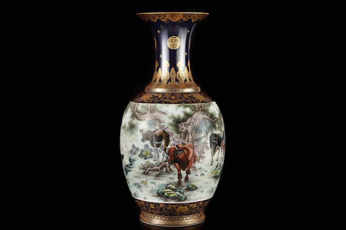 A Exquisite Ji Blue Glazed Painted Gold Enamel Buffalo Pattern Ornament: A Exquisite Ji Blue Glazed Painted Gold Enamel Buffalo Pattern Ornament,Qing Dynasty, China,Qianlong Six-character Mark,Size:24.9inx13in 霁蓝釉描金珐琅彩