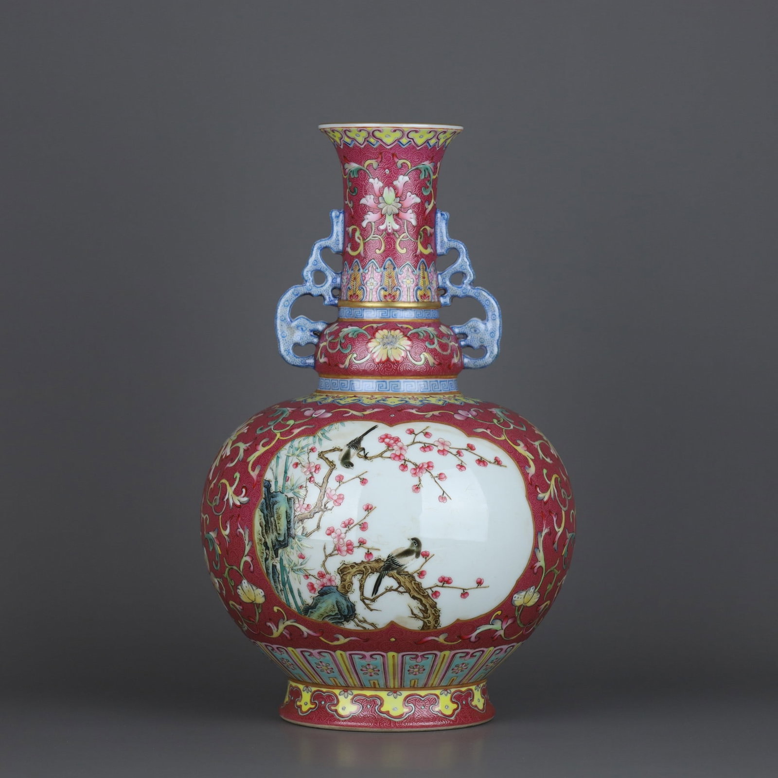A Exquisite Ruby Red-Glazed Famille-Rose Flower and Bird Pattern Dragon-Ears Vase: A Exquisite Ruby Red-Glazed Famille-Rose Flower and Bird Pattern Dragon-Ears Vase,Qing Dynasty, China,Qianlong Six-character Mark,Size:12.6inx7.9in 胭脂红粉彩花(