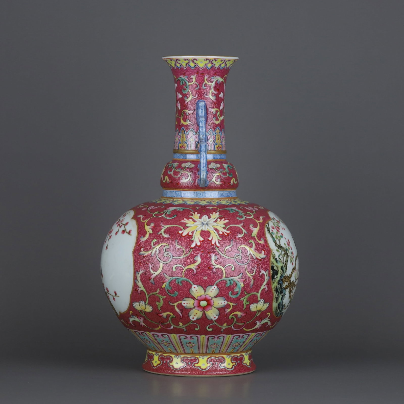 A Exquisite Ruby Red-Glazed Famille-Rose Flower and Bird Pattern Dragon-Ears Vase - 2