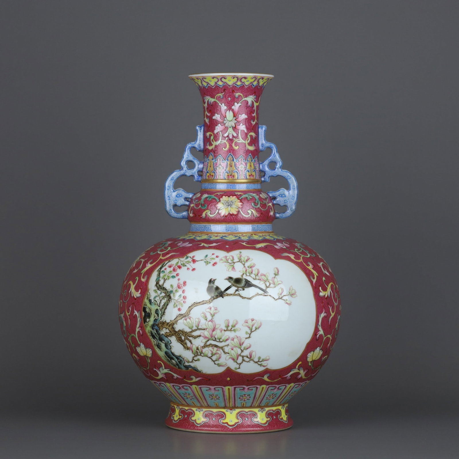 A Exquisite Ruby Red-Glazed Famille-Rose Flower and Bird Pattern Dragon-Ears Vase - 3