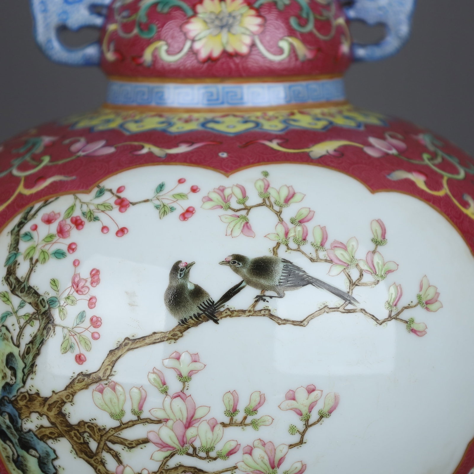 A Exquisite Ruby Red-Glazed Famille-Rose Flower and Bird Pattern Dragon-Ears Vase - 5