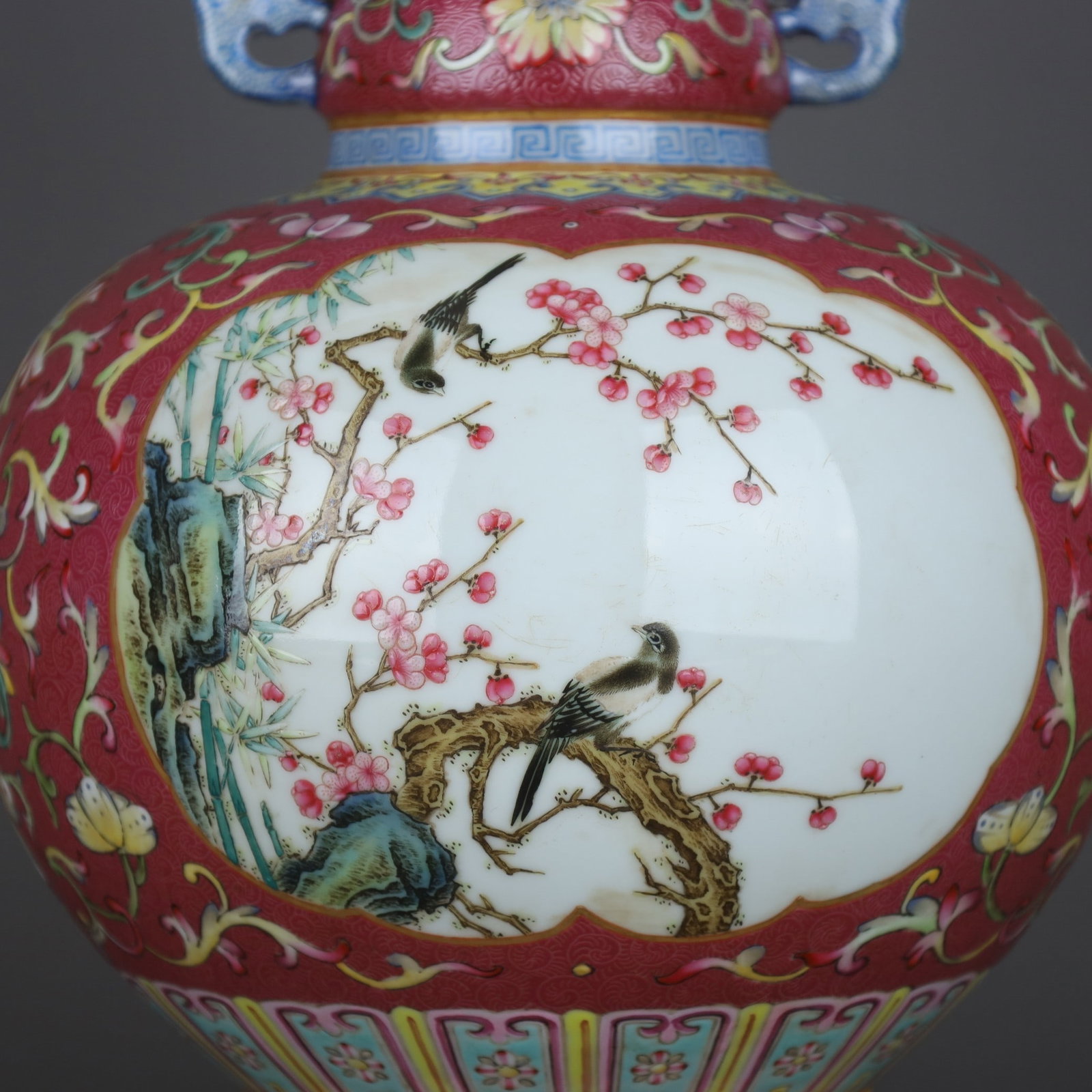 A Exquisite Ruby Red-Glazed Famille-Rose Flower and Bird Pattern Dragon-Ears Vase - 8