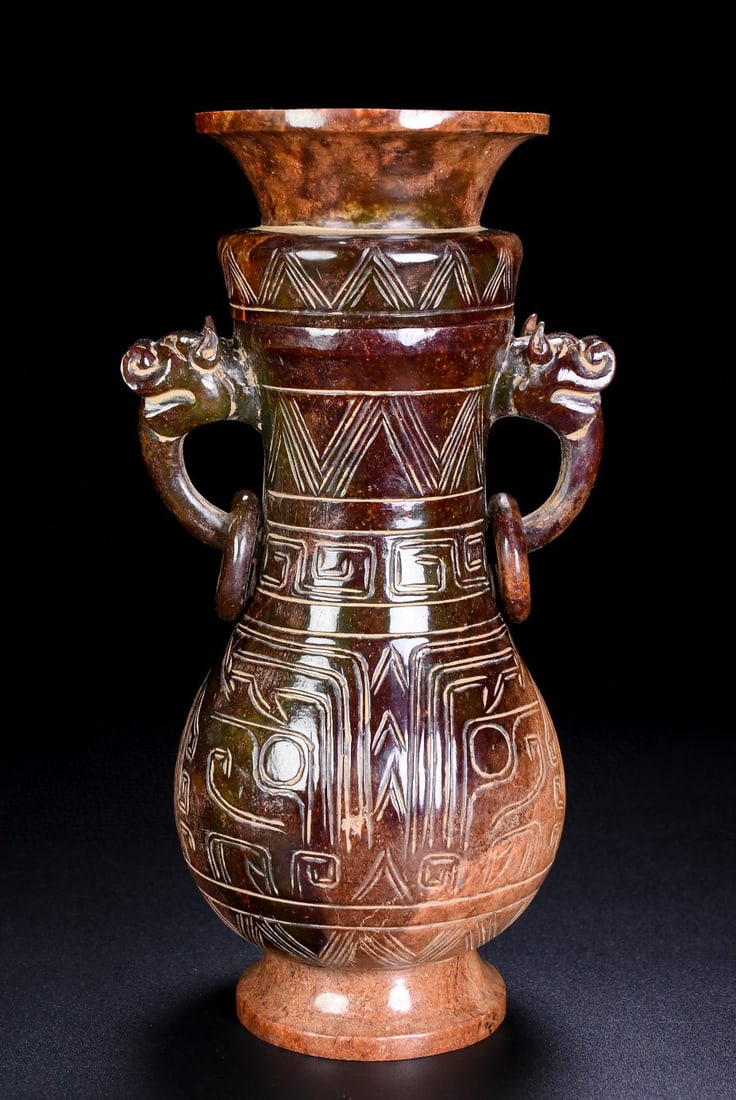 A Exquisite Hotan Jade Beast-Face Pattern Dragon Ears Vase: A Exquisite Hotan Jade Beast-Face Pattern Dragon Ears Vase,Han Dynasty, China,Size:7.9inx4.3inx3.9in ,Weight:716g 和田玉兽面纹龙耳瓶,中Þ