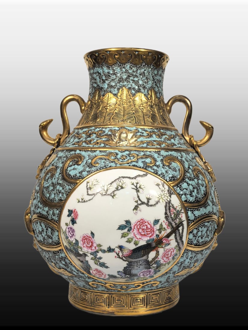 A Exquisite Famille-Rose Gilt Flower-and-Bird Pattern Ruyi-Ear Vase: A Exquisite Famille-Rose Gilt Flower-and-Bird Pattern Ruyi-Ear Vase,Qing Dynasty, China,Qianlong Six-character Mark,Size:14inx4.7inx10.6inx6.1in