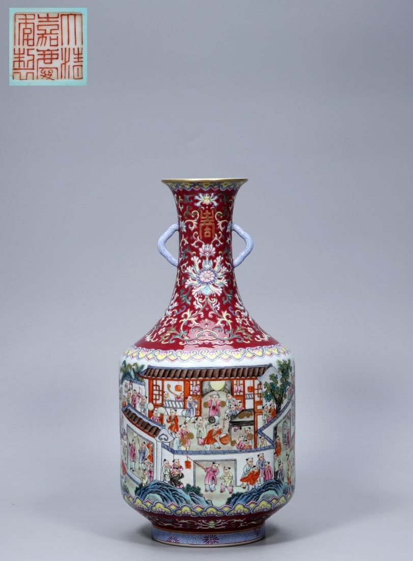 A Exquisite Ruby Red-Glazed Famille-Rose Figures Pattern Double-Ears Vase: A Exquisite Ruby Red-Glazed Famille-Rose Figures Pattern Double-Ears Vase,Qing Dynasty, China,Jiaqing Six-character Mark,Size:13.2inx3.1inx6.3inx4.3in,Weight:1909g 胭脂红粉