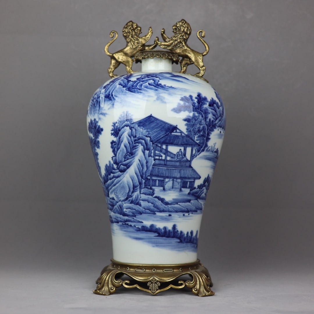 A Exquisite Blue and White Landscape Pattern Double-Ears Vase: A Exquisite Blue and White Landscape Pattern Double-Ears Vase,Qing Dynasty, China,Yongzheng Six-character Mark,Size:19.3inx3.3inx9.1inx8.1in