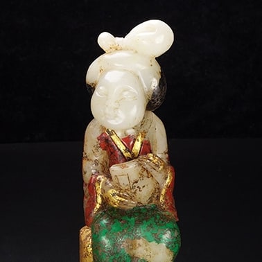 A Exquisite Gilt Bronze Inlaid Hotan Jade Painted Color Figures Ornament: A Exquisite Gilt Bronze Inlaid Hotan Jade Painted Color Figures Ornament,Han Dynasty, China,Size:1.8inx1.8inx5.1in ,Weight:405g 铜鎏金嵌和田玉彩绘