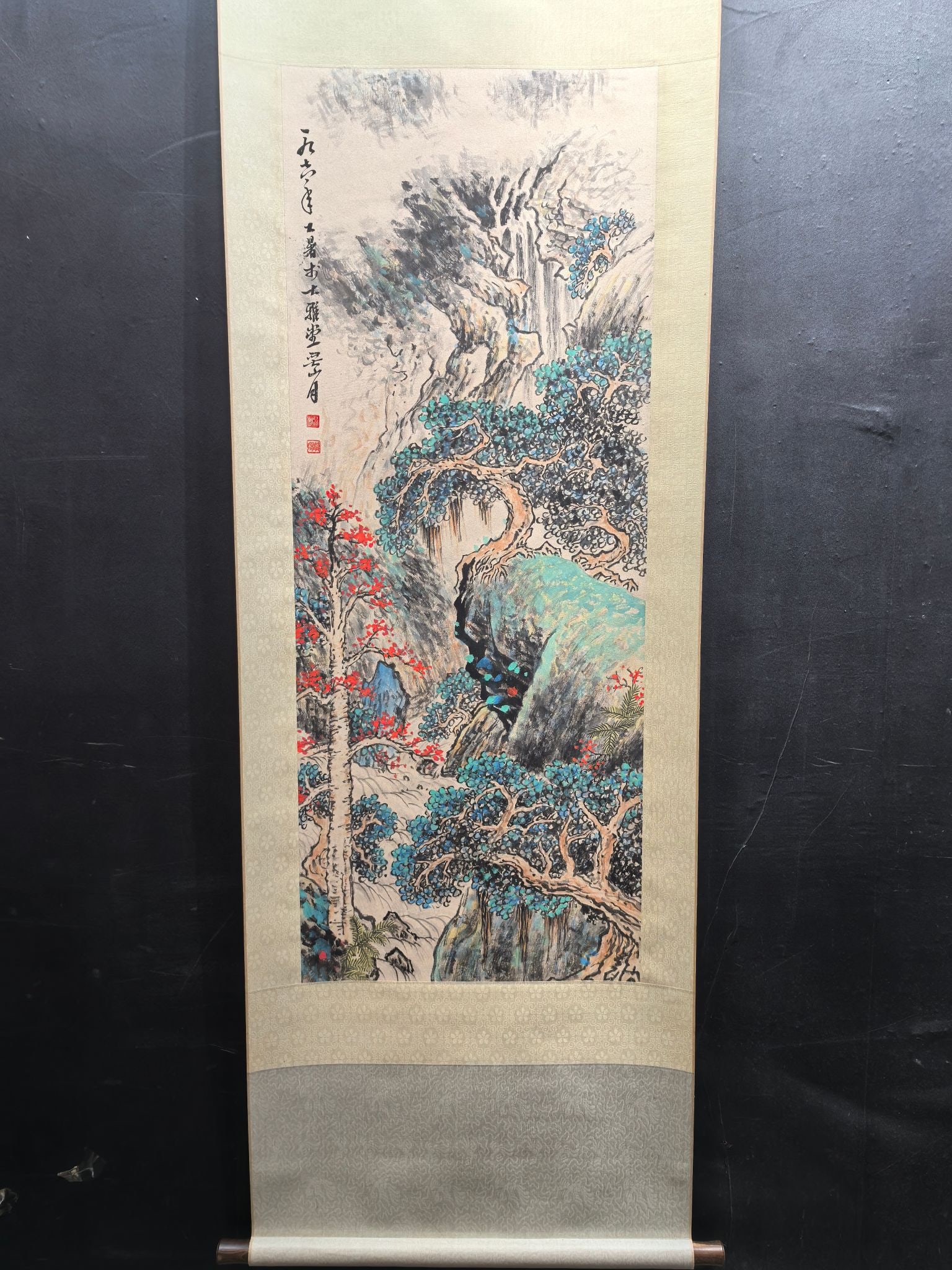 A Chinese Vertical Scroll Ink Painting of Landscape on Paper: A Chinese Vertical Scroll Ink Painting of Landscape on Paper,Modern Period of China,Guan Shanyue,without frame size:18.1inx46.2in 一幅中国水墨纸本ा