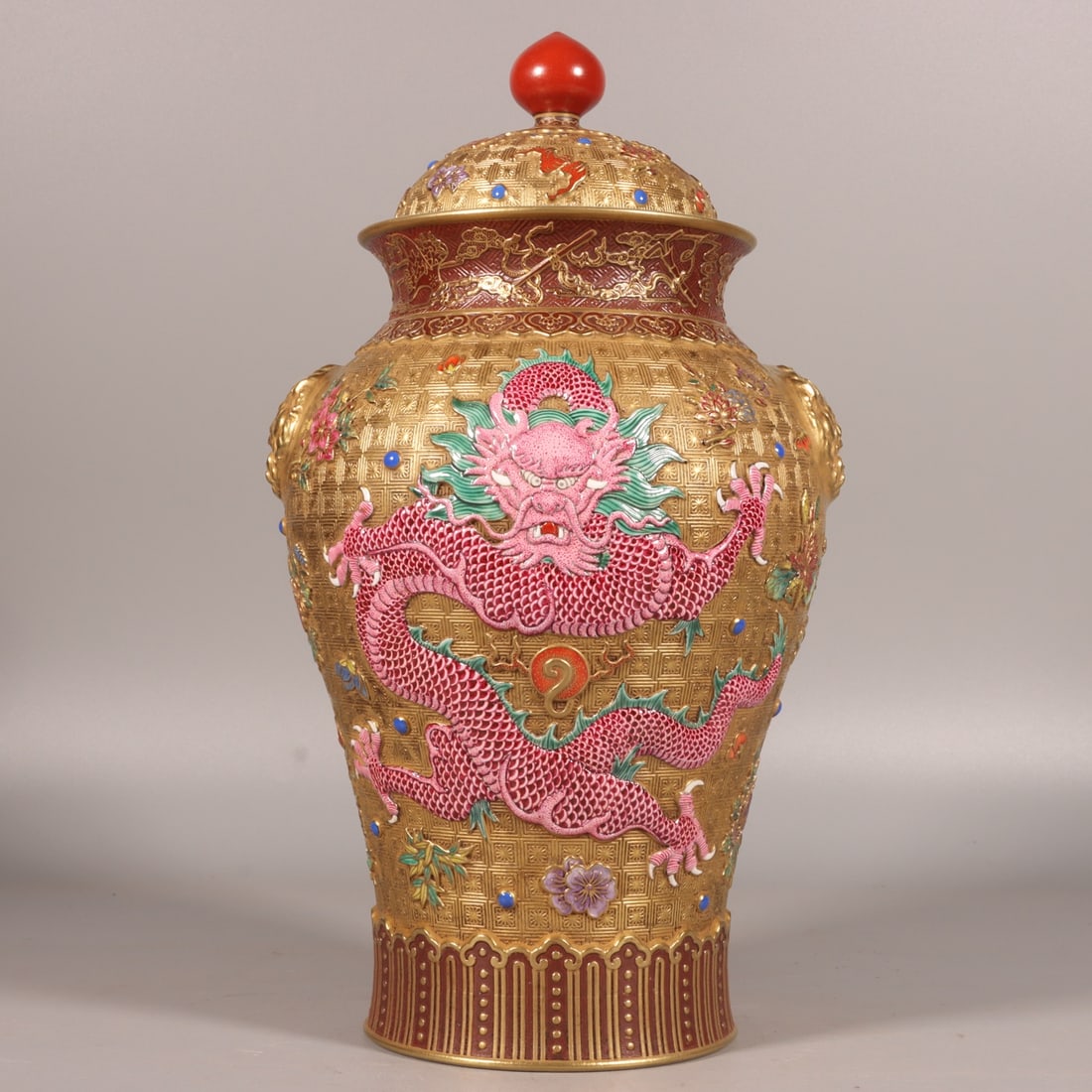 A Exquisite Enamel Carved Gold Ground Dragon Pattern Lion-Ears Jar: A Exquisite Enamel Carved Gold Ground Dragon Pattern Lion-Ears Jar,Qing Dynasty, China,Qianlong Six-character Mark,Size:12.2inx6.7in