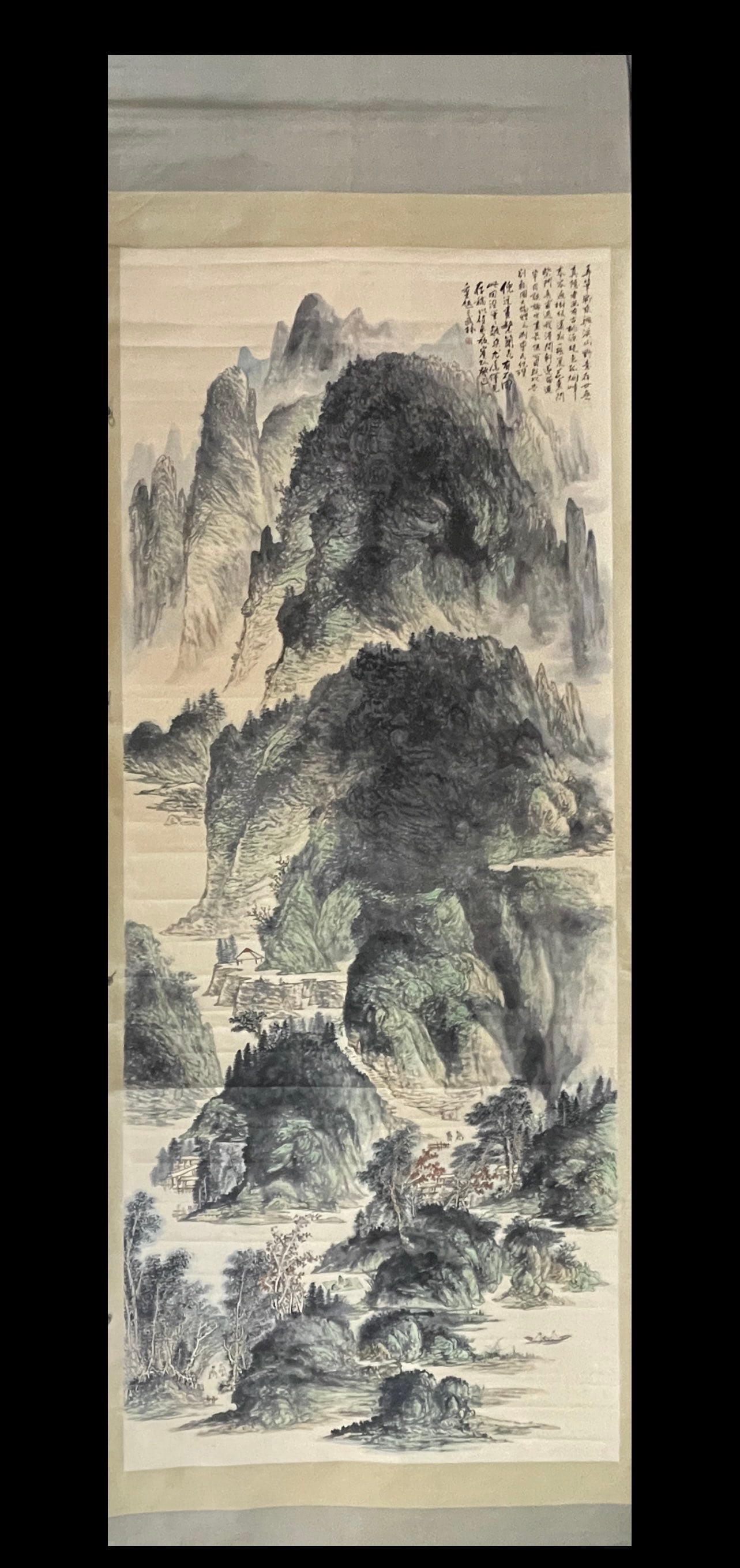 A Chinese Vertical Scroll Ink Painting of Landscape on Paper (1 of 9)