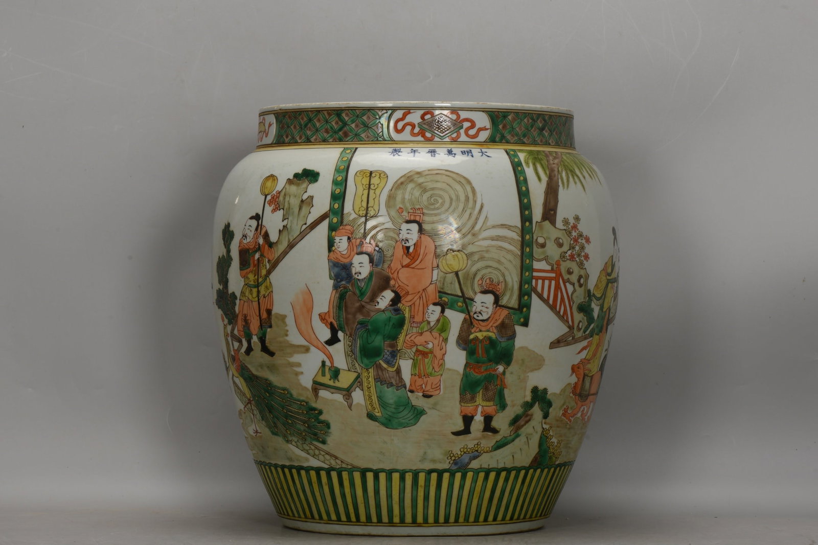 A Exquisite Wucai Character and Story Pattern Jar: A Exquisite Wucai Character and Story Pattern Jar,Ming Dynasty, China,Wanli Six-character Mark,Size:17.5inx13.2inx16.9inx11in 五彩人物故事纹罐,中&