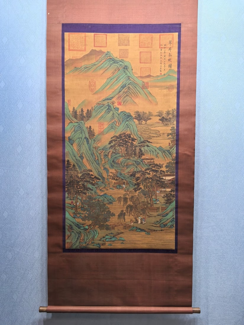 A Chinese Vertical Scroll Ink Painting of Landscape on Silk: A Chinese Vertical Scroll Ink Painting of Landscape on Silk,Song Dynasty, China,Wang Ximeng,without frame size:26.8inx52.1in 一幅中国水墨绢本山