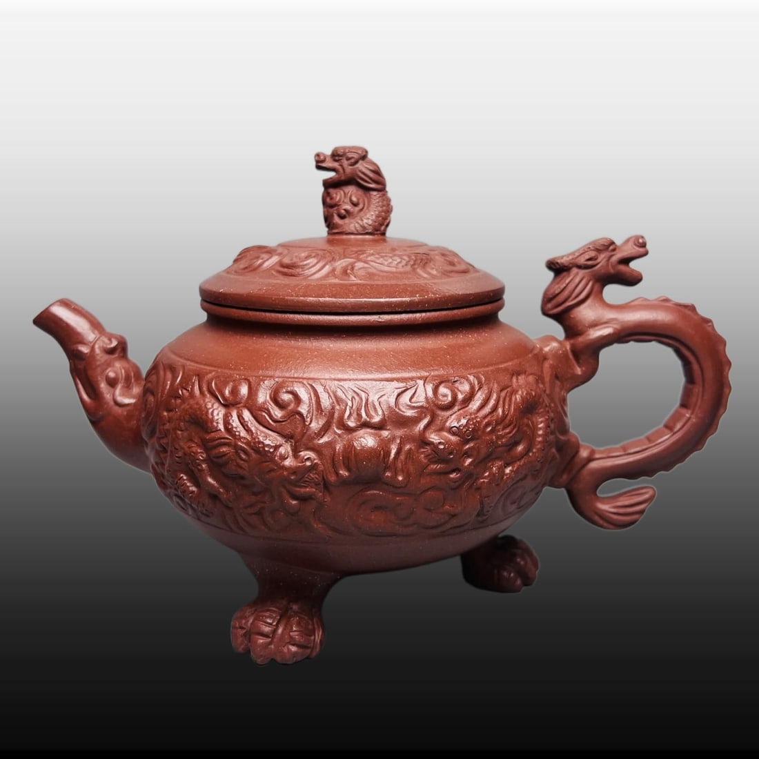 A Exquisite Purple Sands Dragon Pattern Dragon-Ears Teapot: A Exquisite Purple Sands Dragon Pattern Dragon-Ears Teapot,Republic of China,With Mark,Size:5.5inx6.3in 紫砂龙纹龙耳壶,民国,带款