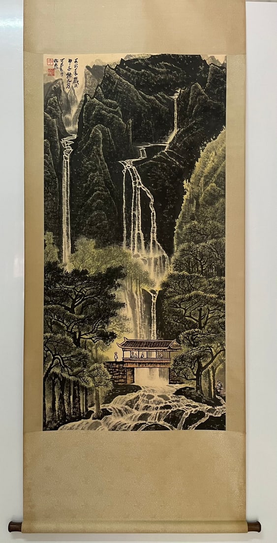 A Chinese Vertical Scroll Ink Painting of Landscape on Paper: A Chinese Vertical Scroll Ink Painting of Landscape on Paper,Modern Period of China,Li Keran,without frame size:53.9inx26.4in 一幅中国水墨纸本山&#