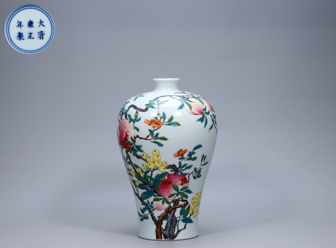 A Exquisite Enamel Flower and Fruit Pattern Vase: A Exquisite Enamel Flower and Fruit Pattern Vase,Qing Dynasty, China,Yongzheng Six-character Mark,Size:12.2inx2.1inx7.9inx4.7in,Weight:2812g 珐琅彩花果纹瓶,&#
