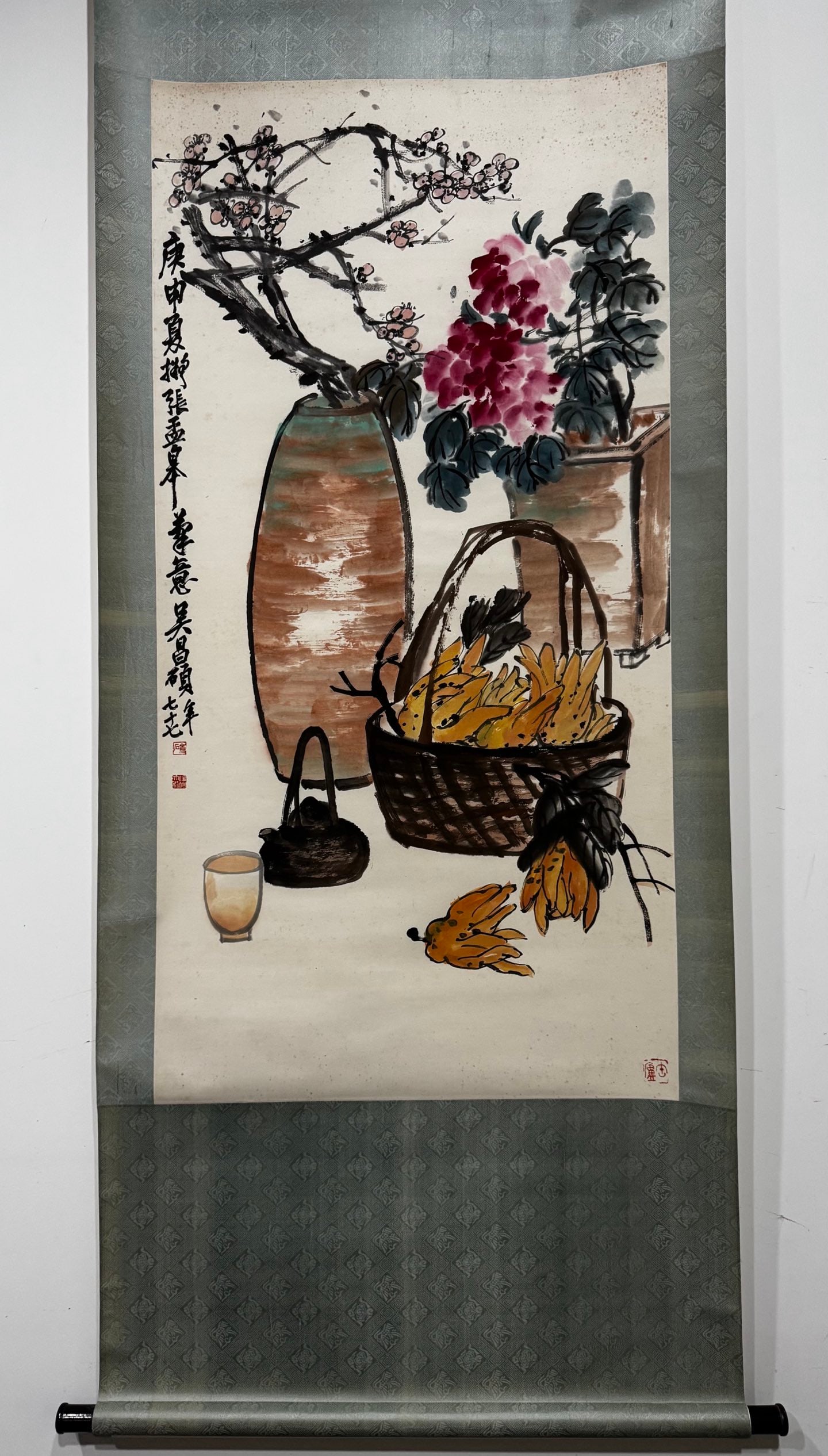 A Chinese Vertical Scroll Ink Painting of Flower on Paper: A Chinese Vertical Scroll Ink Painting of Flower on Paper,Modern Time of China,Wu Changshuo,without frame size:52.8inx26.8in 一幅中国水墨纸本花