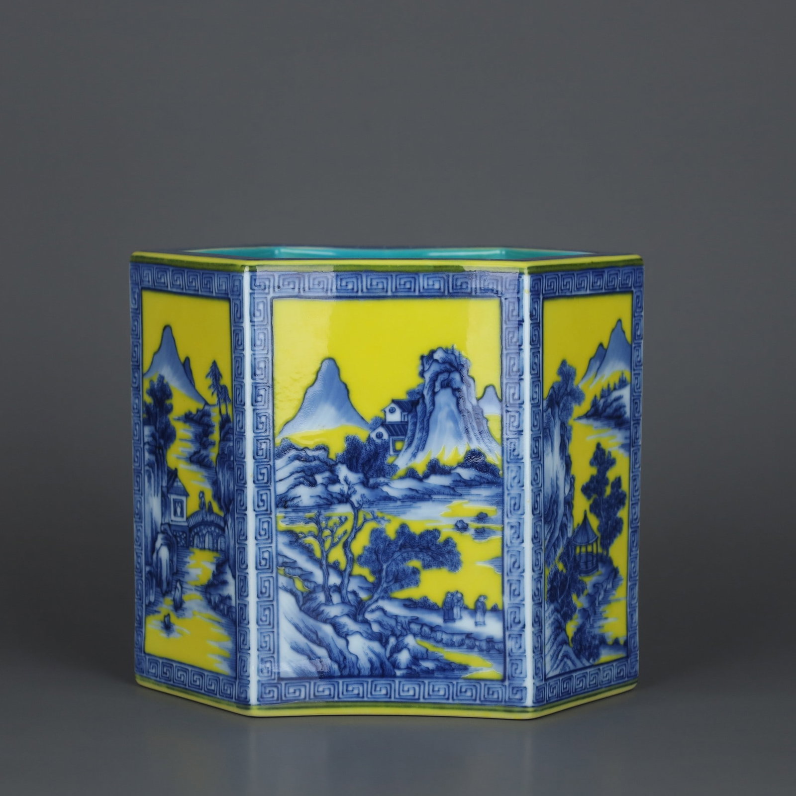 A Exquisite Yellow Glazed Blue and White Landscape Pattern Brush Pot: A Exquisite Yellow Glazed Blue and White Landscape Pattern Brush Pot,Qing Dynasty, China,Yongzheng Six-character Mark,Size:5.9inx6.9inx4.5in 黄釉青花山水纹