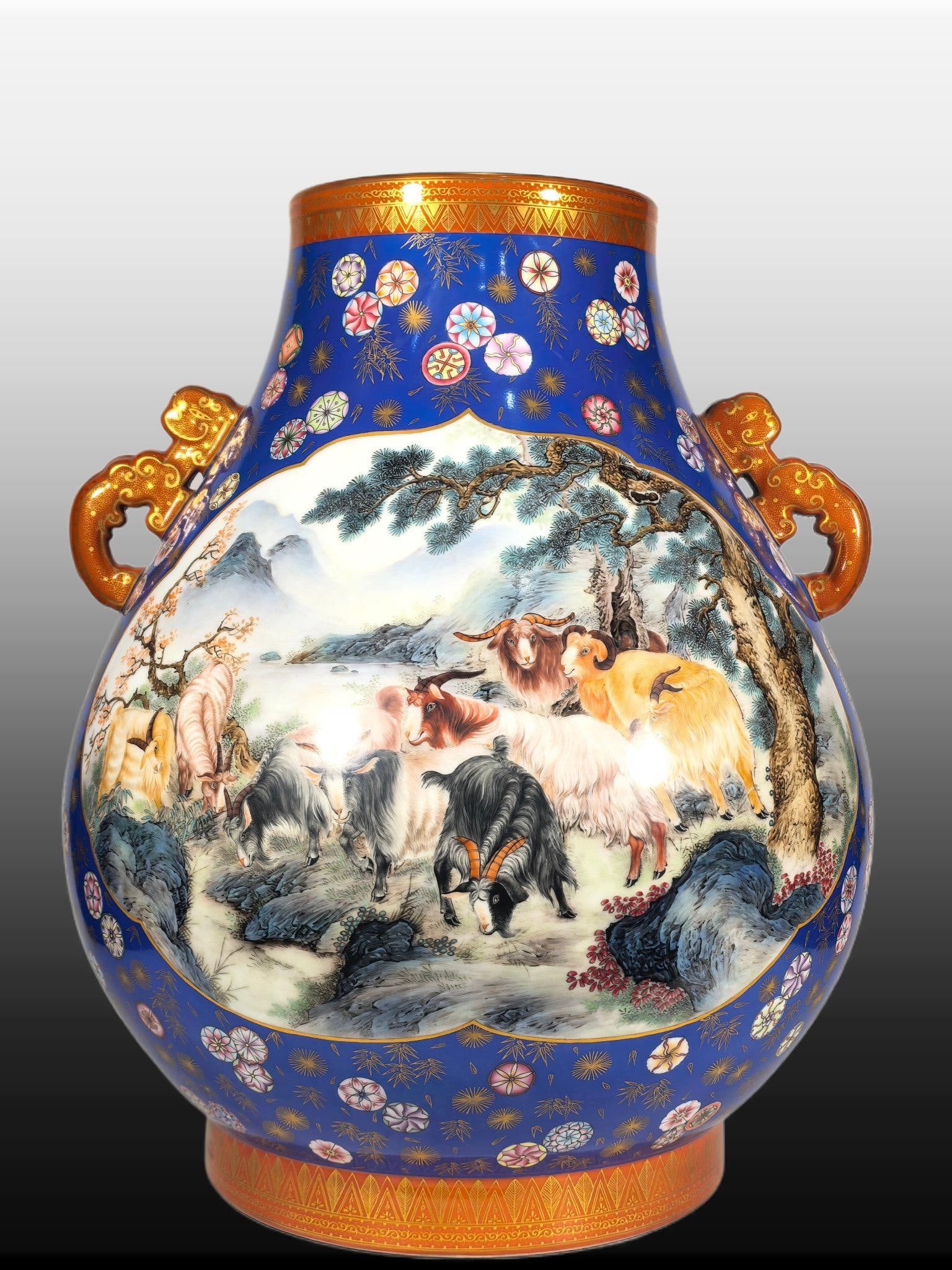 A Exquisite Famille-Rose Blue Glazed Sheep Pattern Vase: A Exquisite Famille-Rose Blue Glazed Sheep Pattern Vase,Qing Dynasty, China,Qianlong Six-character Mark,Size:17.3inx6.5inx14.2inx9.3in 粉彩蓝釉羊纹瓶,中