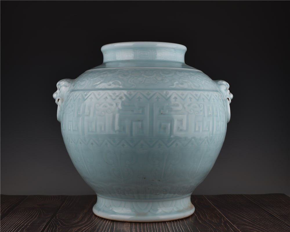 A Exquisite Sky Blue Glazed Dragon Pattern Jar: A Exquisite Sky Blue Glazed Dragon Pattern Jar,Qing Dynasty, China,Qianlong Six-character Mark,Size:16.1inx16.5in 天青釉龙纹罐,中国清代,