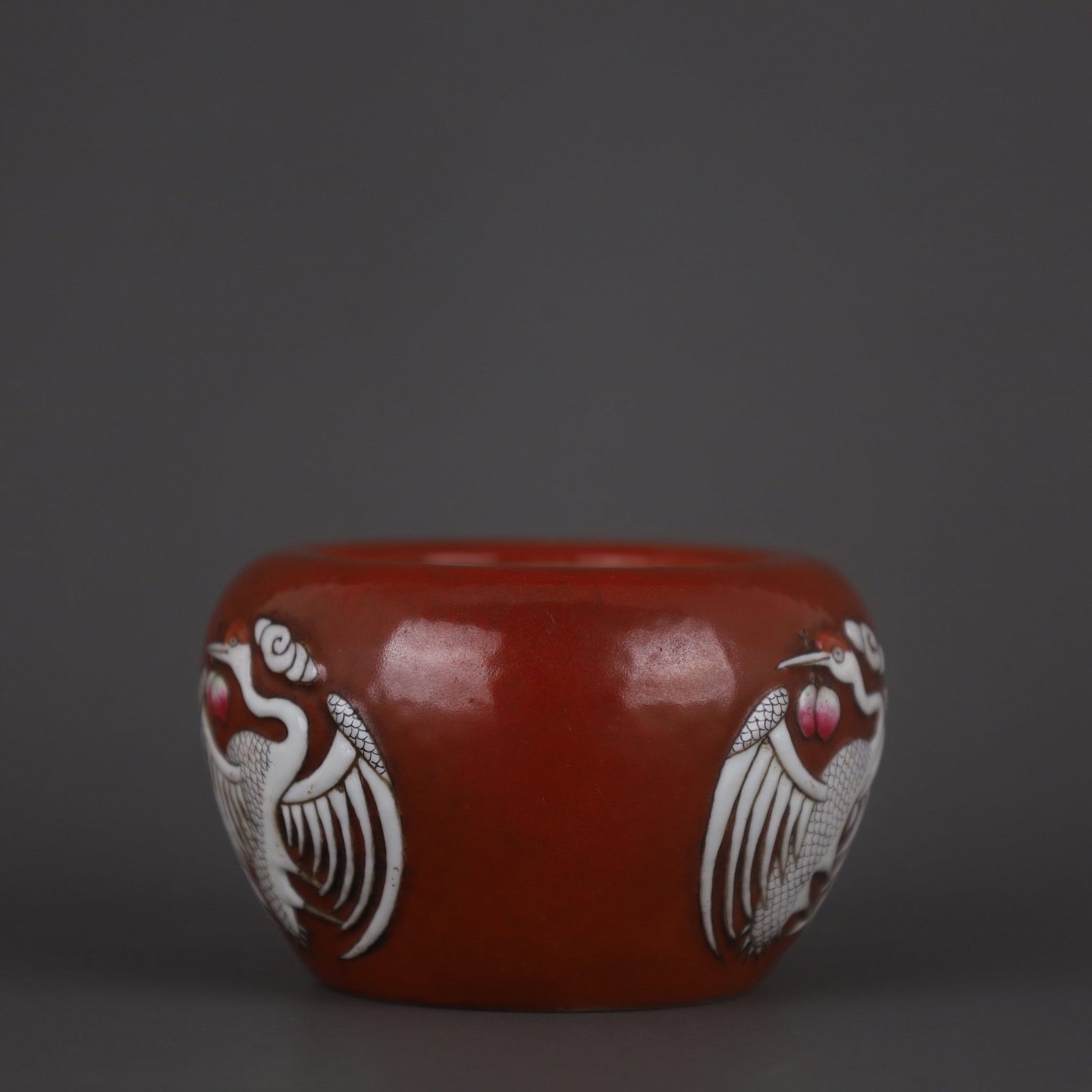 A Exquisite Iron-Red Crane Pattern Apple-shaped Brush Washer - 2